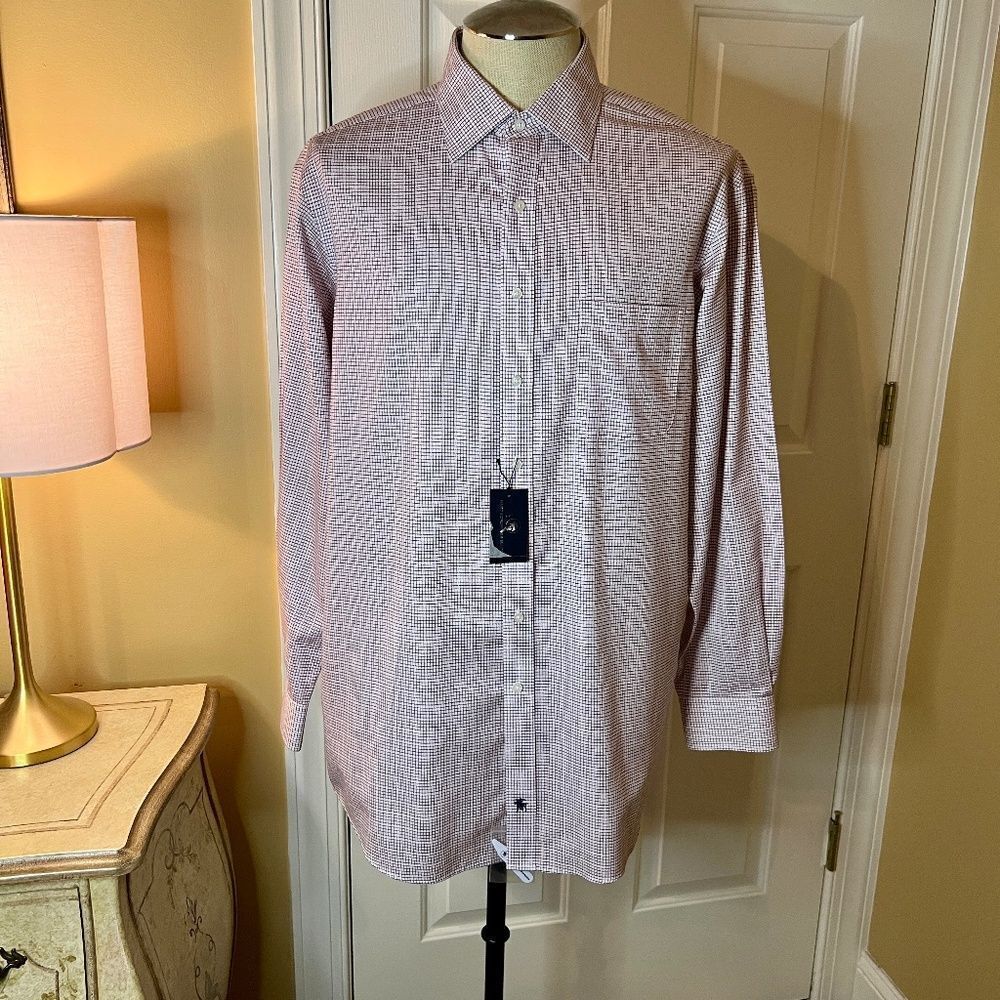 NWT Hart Schaffner Marx Pima Cotton Non-Iron Burgundy White Check Shirt 17 / 35